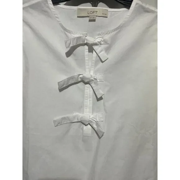 NWT Loft Cotton Poplin Tie Front Top Puff Sleeve Blouse Small - Picture 3 of 8